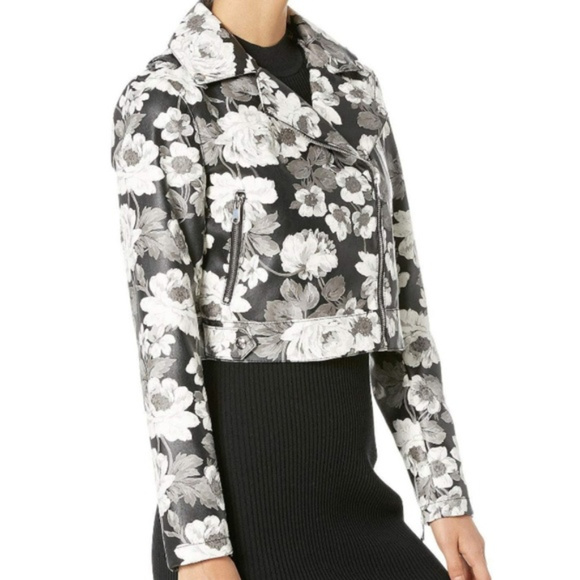 🔥SOLD🔥Sam Edelman Gray Black White Vegan Leather Floral Moto Jacket Size S NWT - Picture 4 of 9